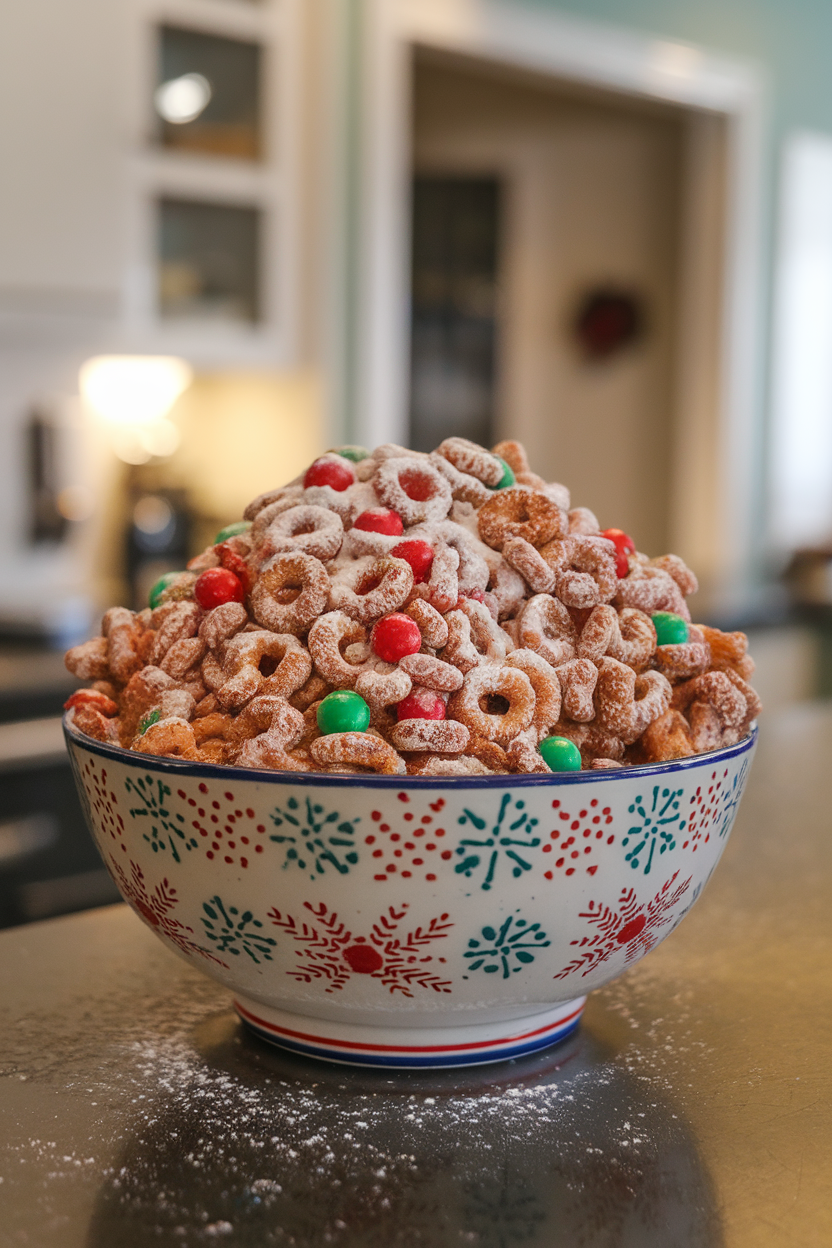 An indoor kitchen island with a holiday bowl overflowing with chocolate-peanut butter coated cereal dusted in powdered sugar and dotted with red and green candies. No text or logos, photo only.