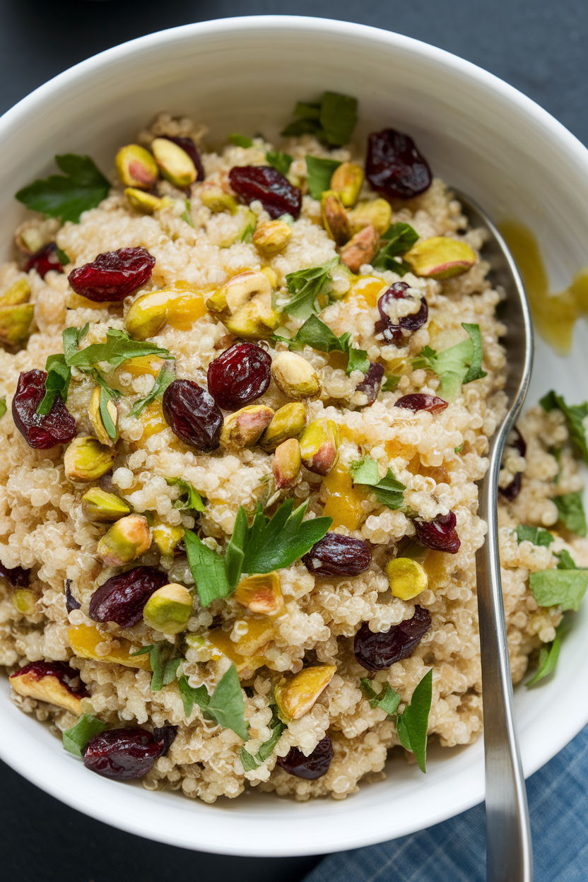 An indoor salad bowl of fluffy quinoa tossed with dried cranberries, chopped pistachios, parsley, and a citrus dressing, spoon resting inside. No text or logos present.