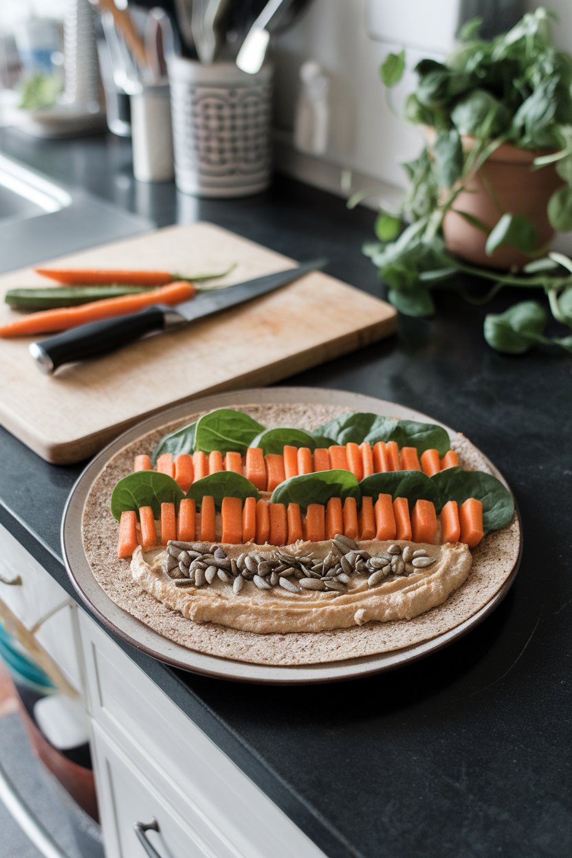 A kitchen island indoors with a whole-grain tortilla spread with hummus, rows of roasted carrot sticks, spinach leaves, and a sprinkle of sunflower seeds ready to be rolled. No text or logos.
