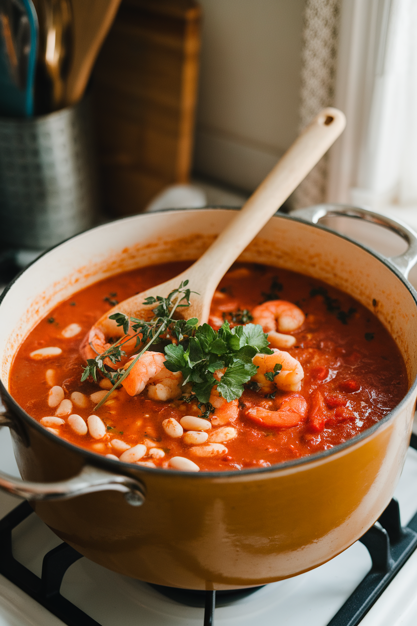 Indoor soup pot photo of chunky tomato stew with white beans and cooked shrimp, herbs on top; warm kitchen light, no text or logos.