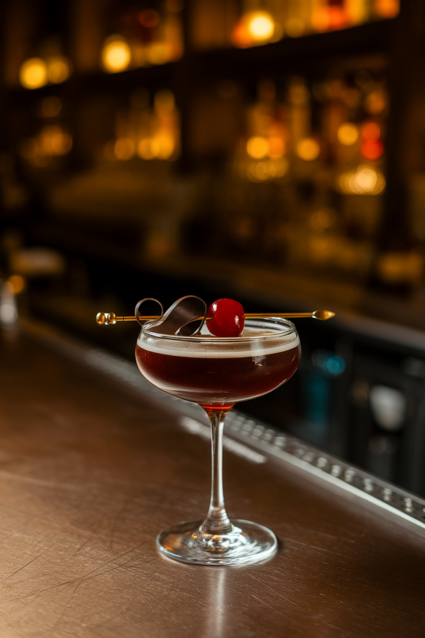 A dimly lit indoor bar with a deep-mahogany cocktail in a coupe, topped by a skewered cherry and a thin curl of dark chocolate. No text or logos; photograph, not illustration.