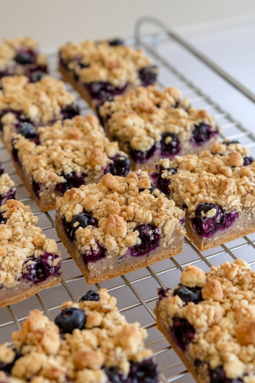 An indoor rack with squares of lemon blueberry oat bars, blueberries peeking through crumb topping. No text or logos. Photo only.