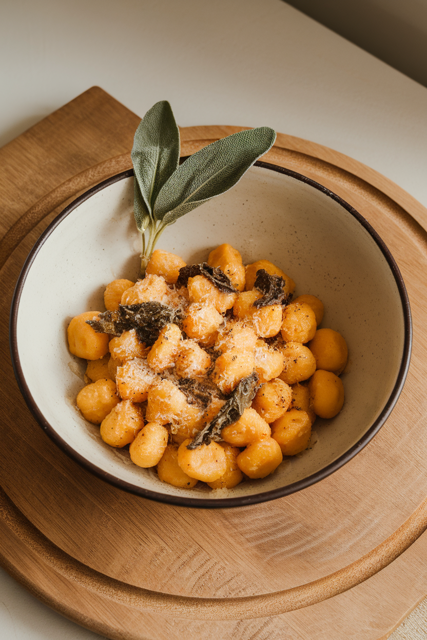 A shallow pasta bowl indoors containing pumpkin gnocchi coated in brown butter and crispy sage, Parmesan sprinkle. No text or logos. Photo.