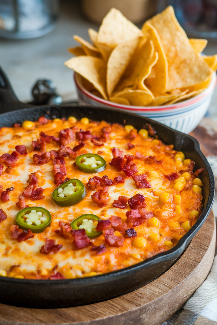 Indoor photo of a cast-iron skillet filled with bubbling cheesy corn dip studded with jalapeño and bacon bits, tortilla chips surrounding. No text or logos.