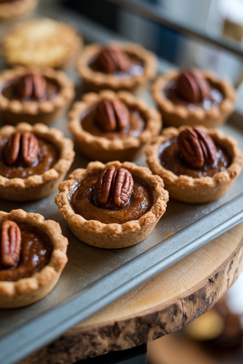 An indoor pastry tray featuring individual pecan tarts in muffin-size shells made from blended dates and almonds—no text or logos; photo, not illustration