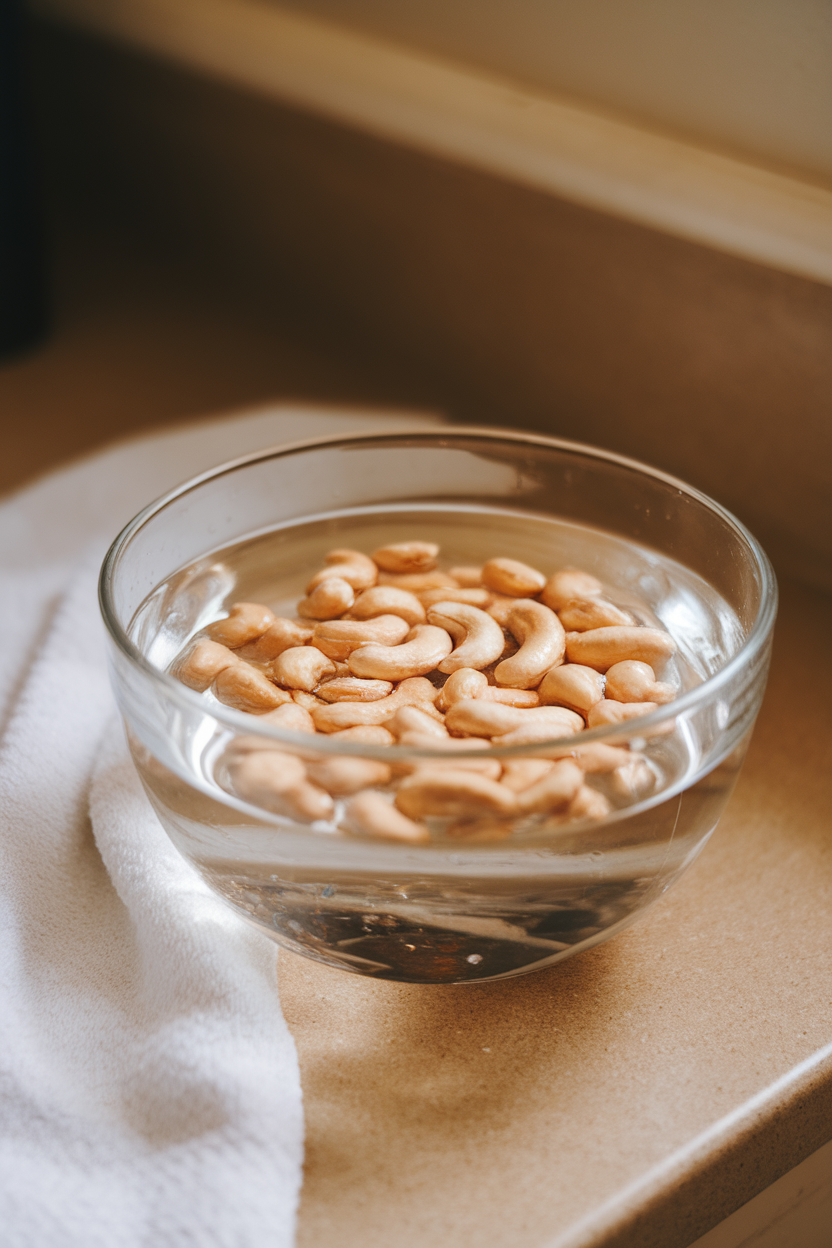 Indoor photo of raw cashews soaking in a clear glass bowl of water on a countertop; daylight, no text or logos