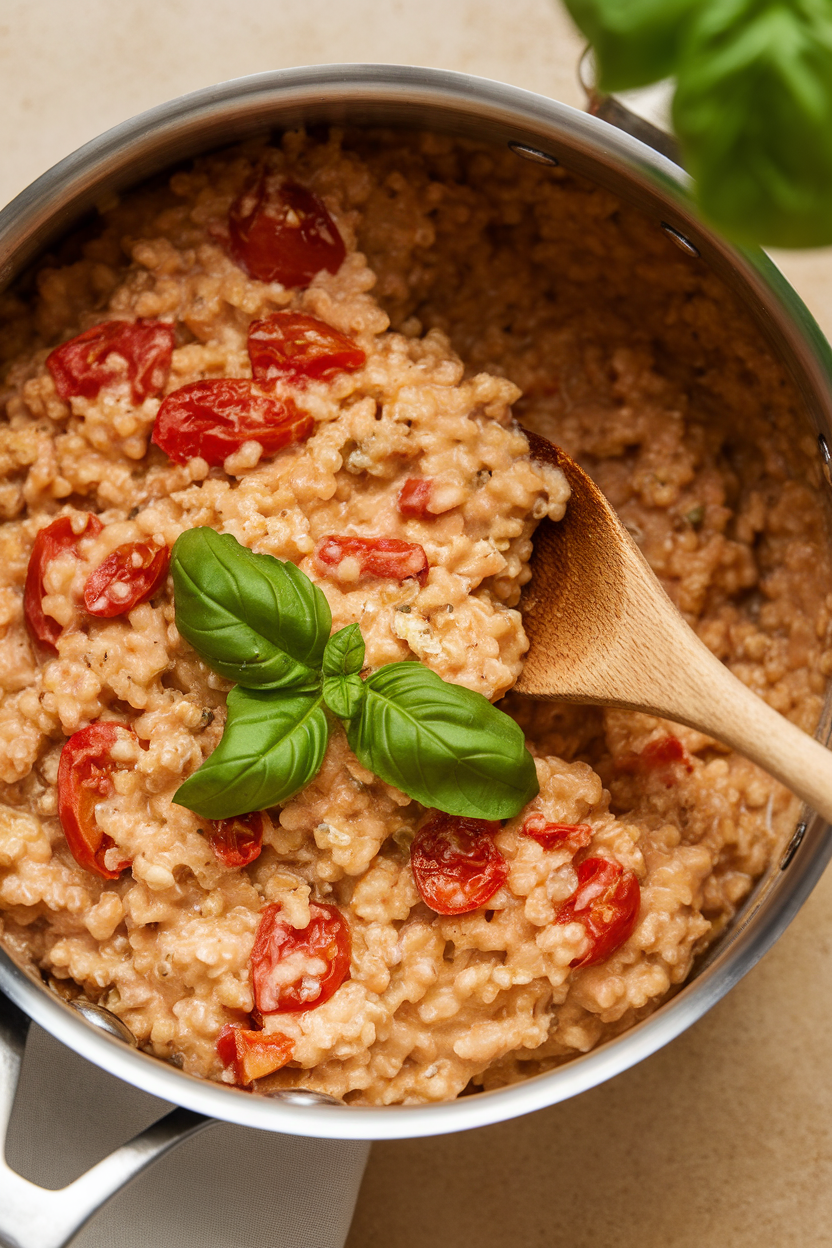 Indoor saucepan with creamy tomato quinoa risotto, wooden spoon stirring, basil leaves on top; no text or logos, photo style.