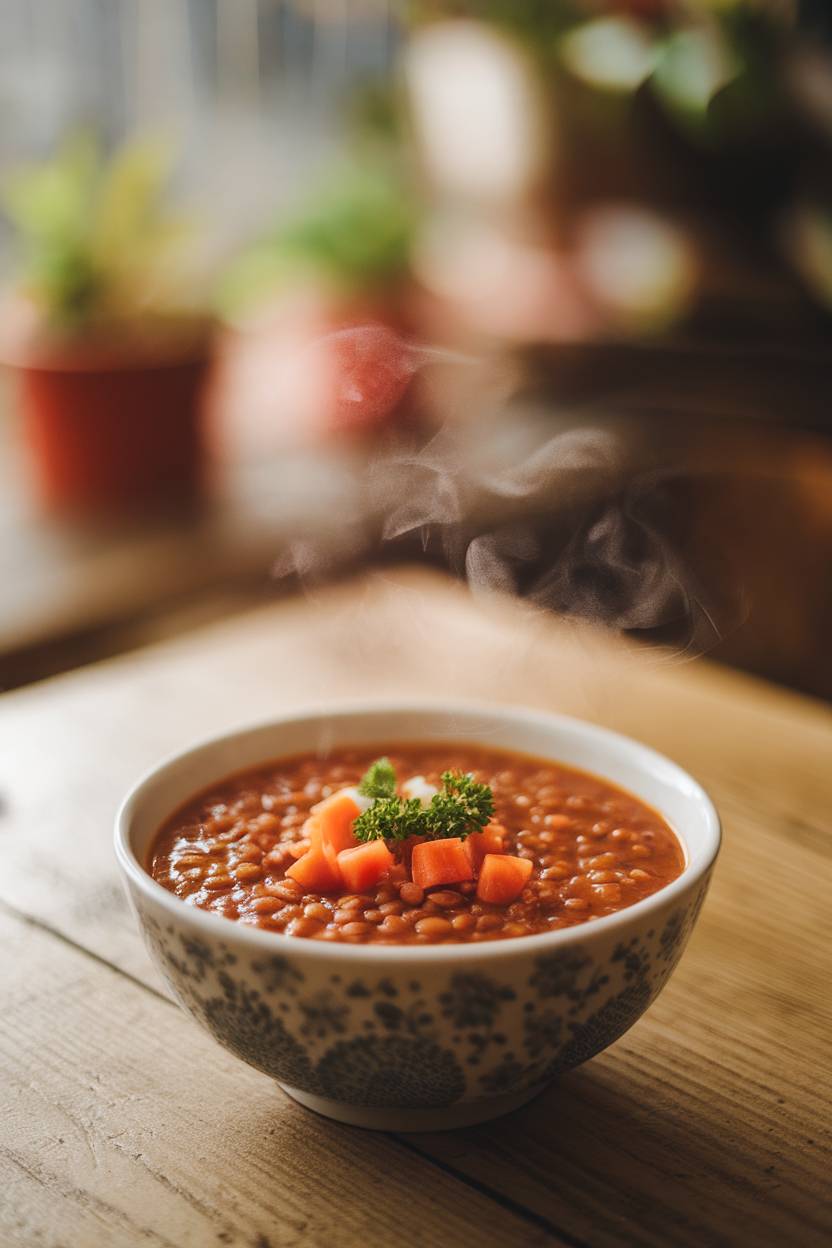 Indoor dining table featuring a steaming bowl of red lentil soup with diced carrots and celery, garnished with parsley; no text or logos, photo style.