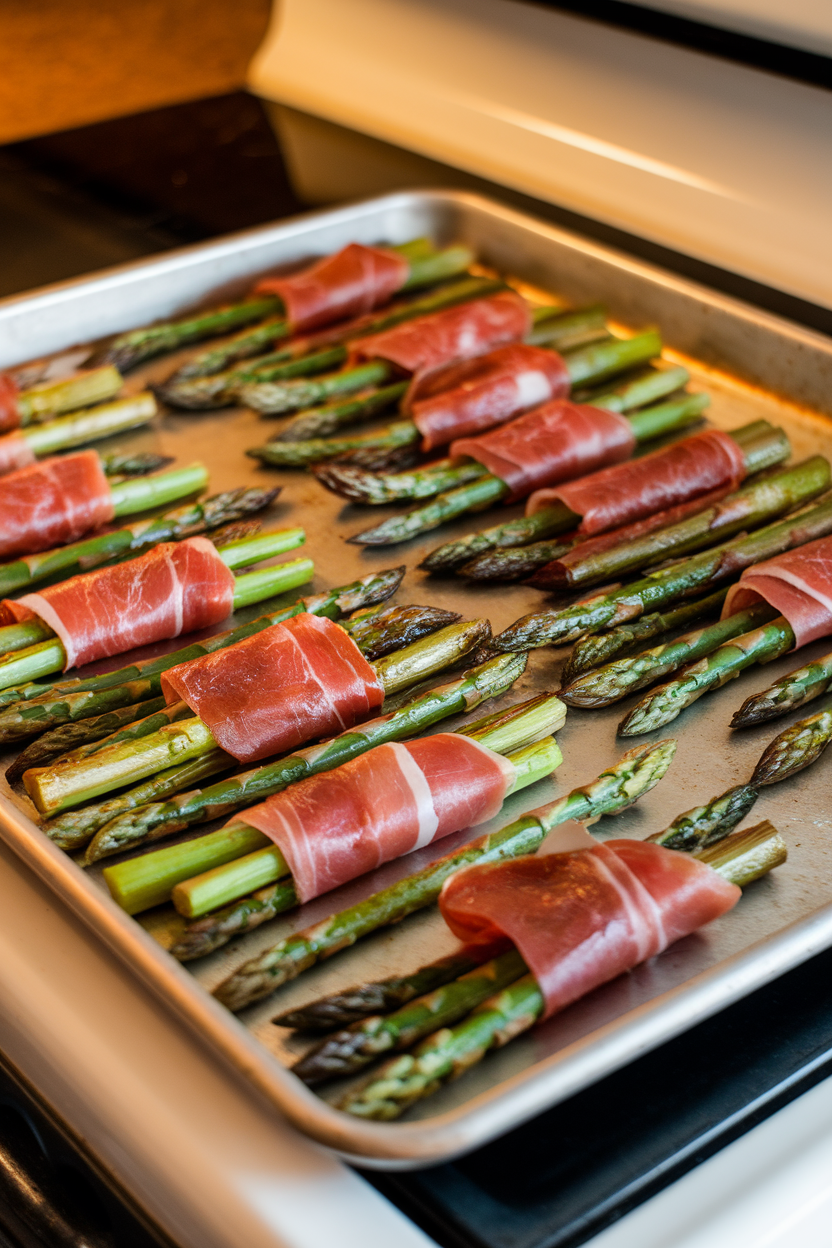 A sheet pan on an indoor stove top lined with roasted prosciutto-wrapped asparagus spears, edges crisped, no logos.