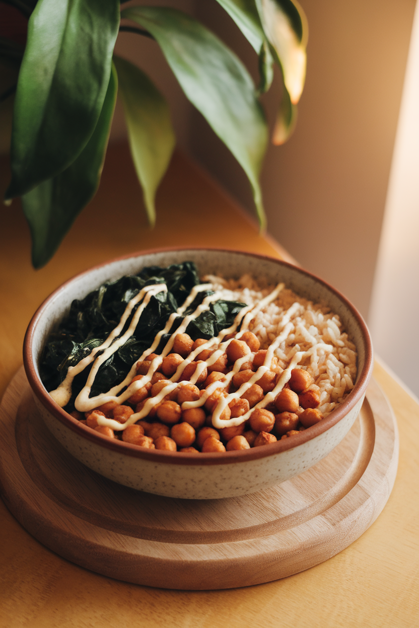 An indoor lunch table holding a ceramic bowl layered with roasted chickpeas, sautéed spinach, cooked brown rice, and a lemon tahini drizzle zig-zagged over the top. No visible branding or text.