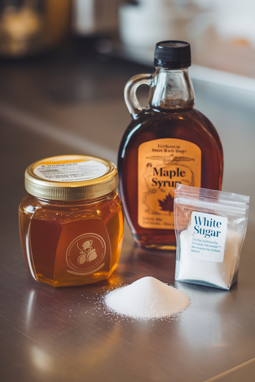 A close-up indoor kitchen counter shot of honey, maple syrup, and a teaspoon of white sugar next to a nutrition label—photo, no logos.