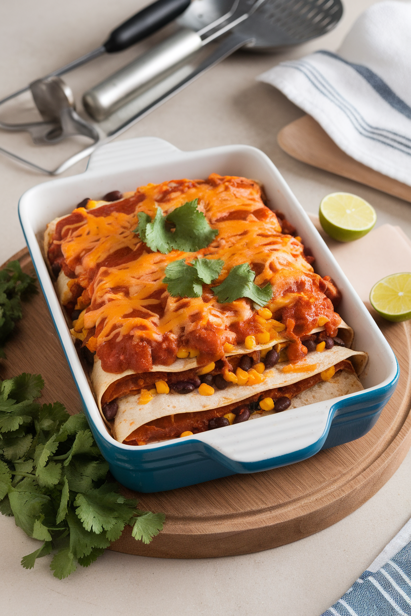 An indoor casserole dish with layered tortillas, black beans, corn, and cheese, topped with enchilada sauce and melted cheddar. No text or logos. Photo.