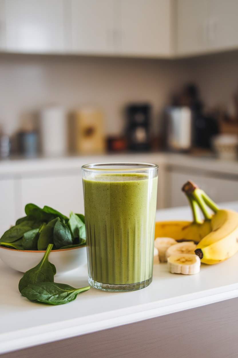 Indoor photo of a glass of bright green smoothie on a breakfast bar with a small bowl of spinach leaves and banana chunks nearby, no text or logos