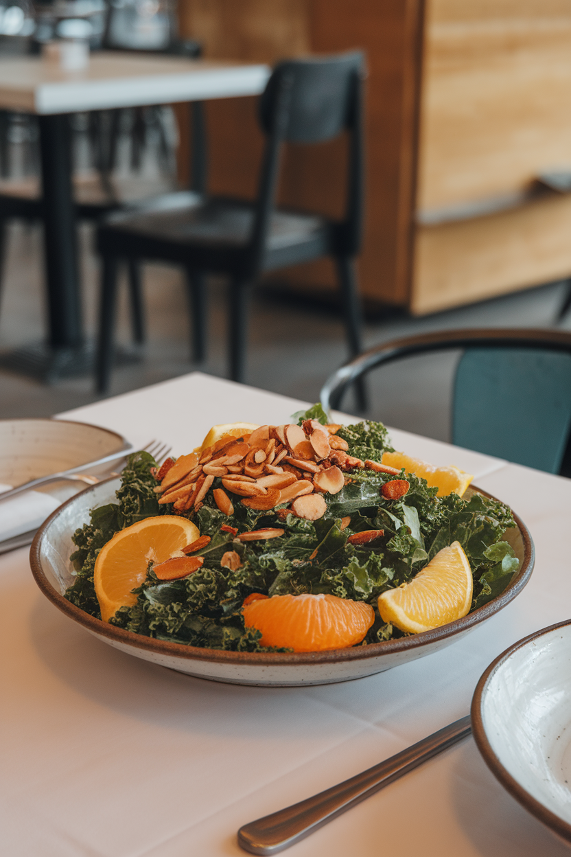 Indoor café table featuring a vibrant kale and citrus salad with toasted almonds, no text or logos. Photo.