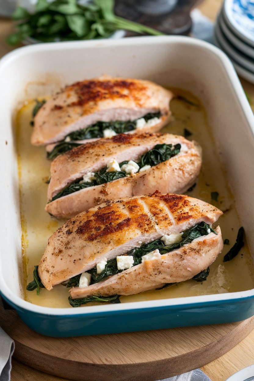 An indoor baking dish of cooked chicken breasts slit and stuffed with spinach and feta, juices pooling around. Photo, no text or logos.