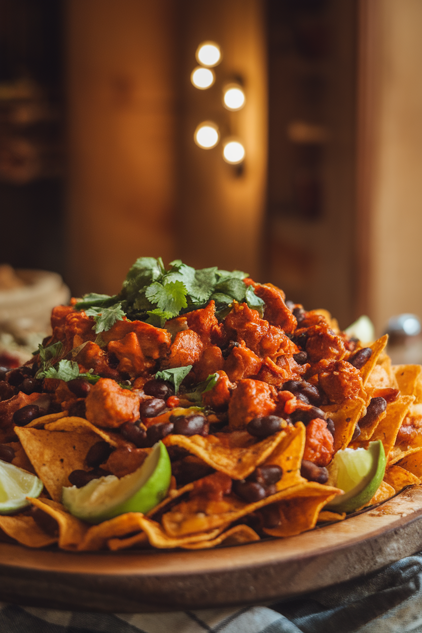 Indoor platter of baked nachos topped with saucy jackfruit, black beans, and avocado, no text or logos.