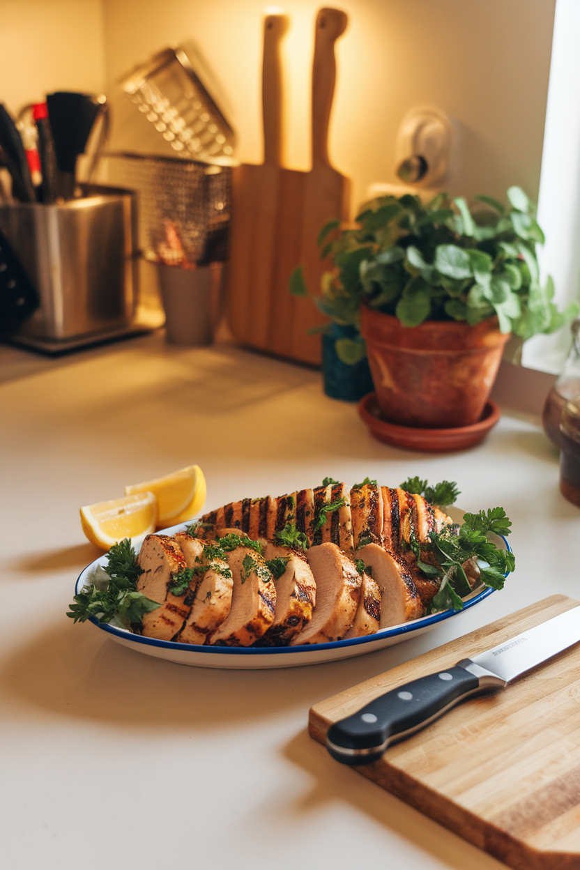 A warmly lit indoor kitchen counter featuring sliced grilled chicken breast with grill marks, sprinkled with fresh parsley and lemon wedges on the side. Photo, no text or logos.