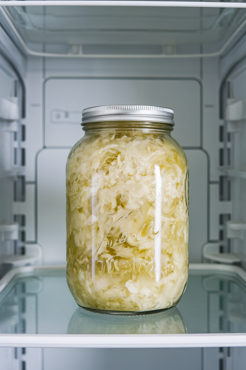 Photo, indoor refrigerator door showing a glass jar of sauerkraut, bubbles visible through brine, no text or logos.