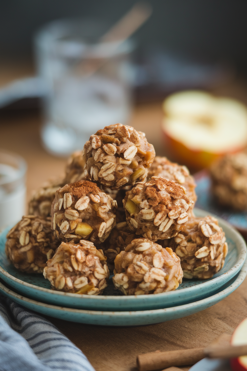 Indoor plate stacked with small round oat-apple bites, dusted lightly with cinnamon, no text or logos