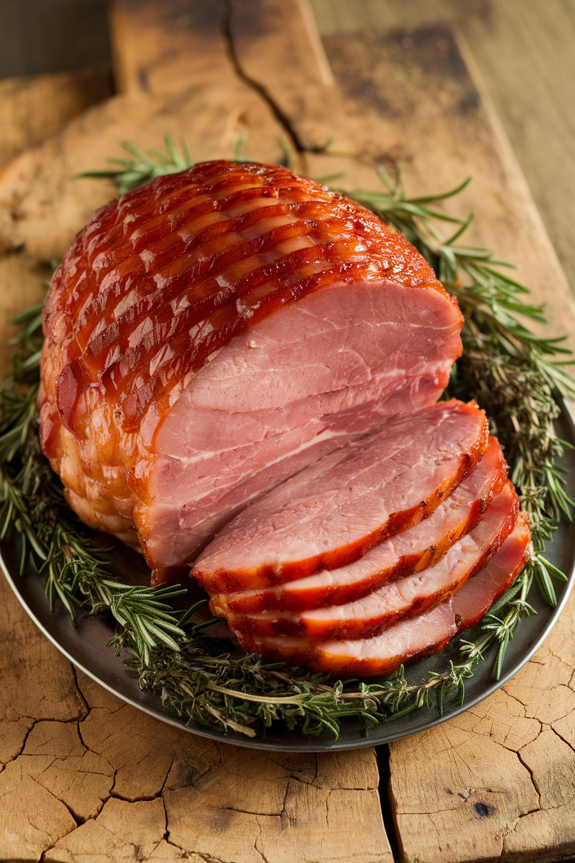 Indoor carving platter with spiral ham lacquered in shiny honey-garlic glaze, a few slices fanned out. No text or logos. Photo only.