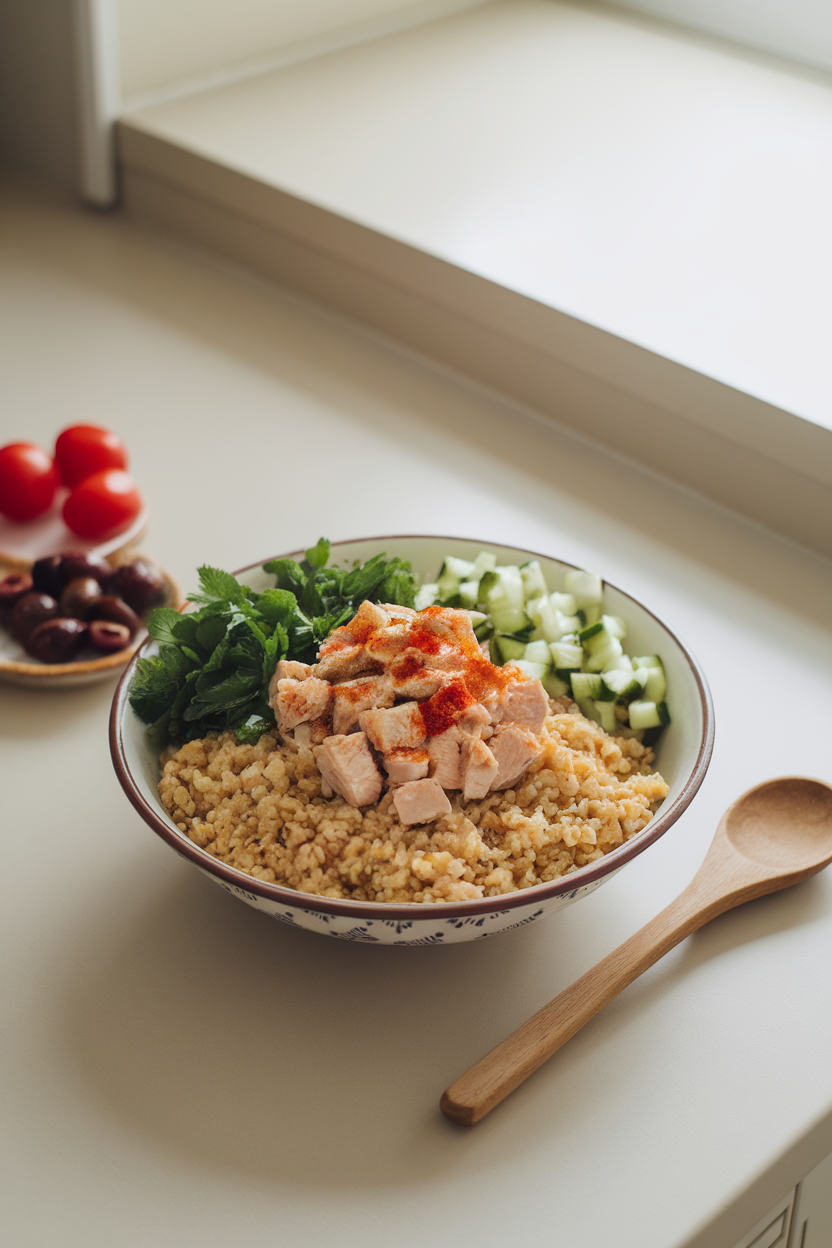 Indoor countertop featuring a bowl of cooked bulgur wheat, diced chicken, chopped mint and parsley, and diced cucumber — photo, no text or logos