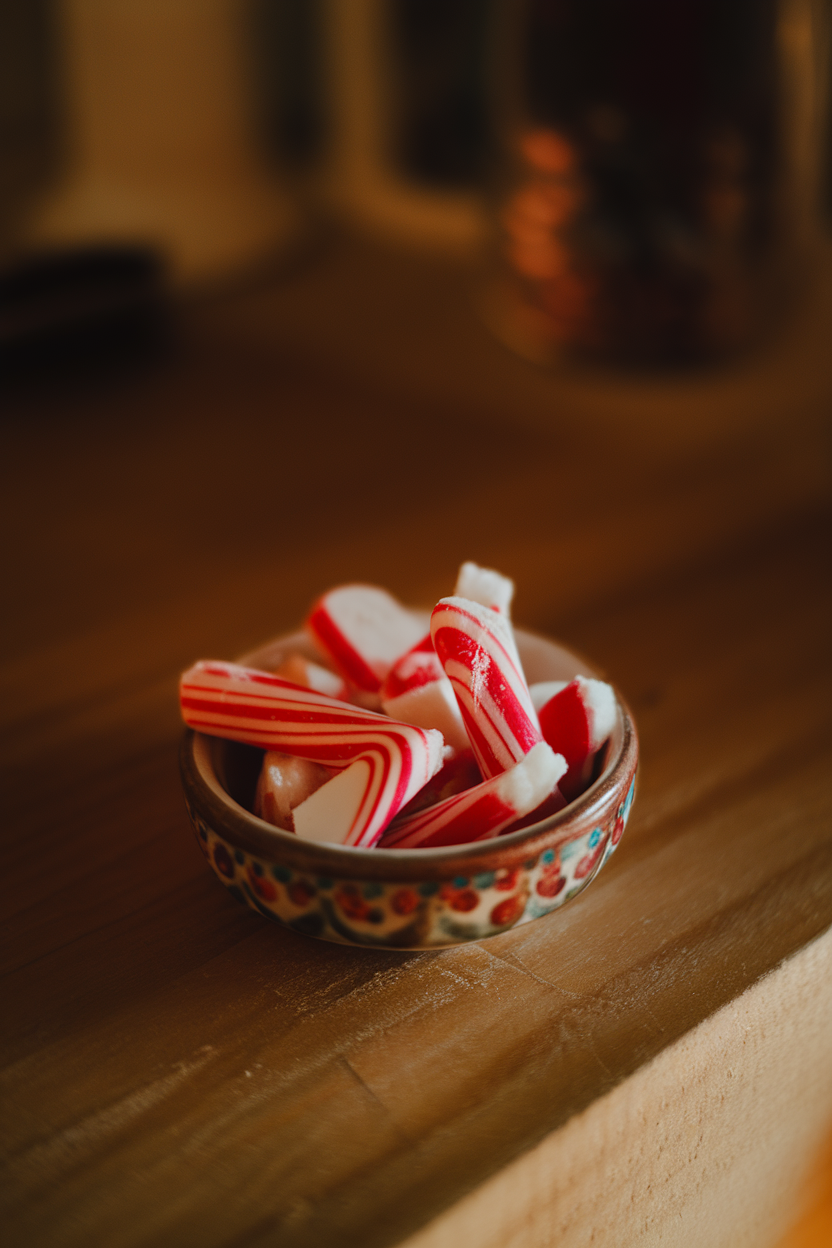 A photo taken indoors under warm light showing broken red-and-white candy cane pieces in a small ceramic dish, no text or logos