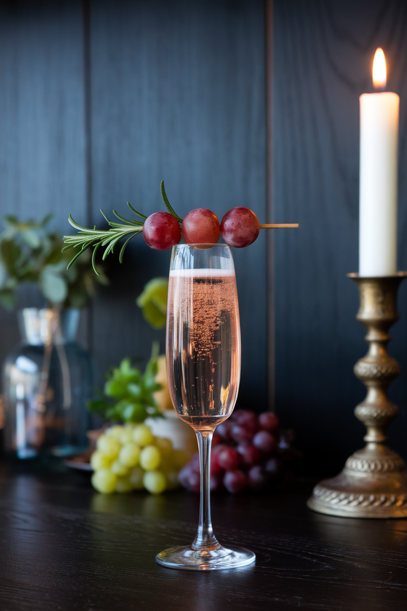 An indoor wine bar featuring a flute of blush Champagne with three seedless red grapes skewered on a rosemary sprig. Photo, not illustration. No text or logos.