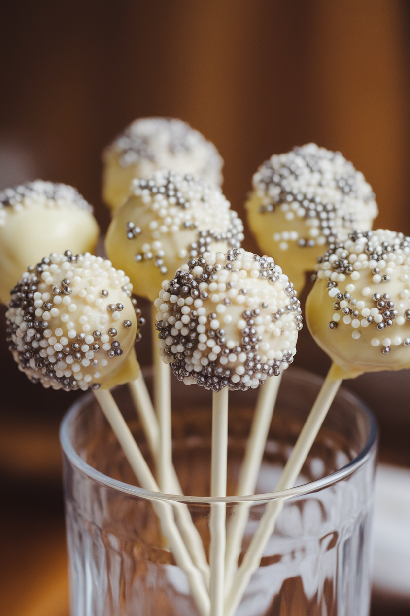 Photo, not illustration. Indoor afternoon light. Pale yellow lemon-flavored cake pops coated in white chocolate then showered with tiny silver nonpareils, displayed in a clear tumbler. No text or logos.