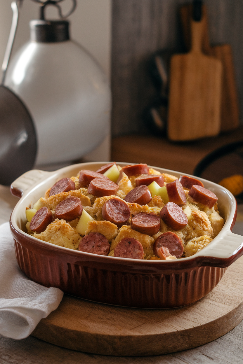 Indoor photo of rustic sourdough dressing featuring sausage coins and apple chunks in a ceramic baking dish, no text or logos