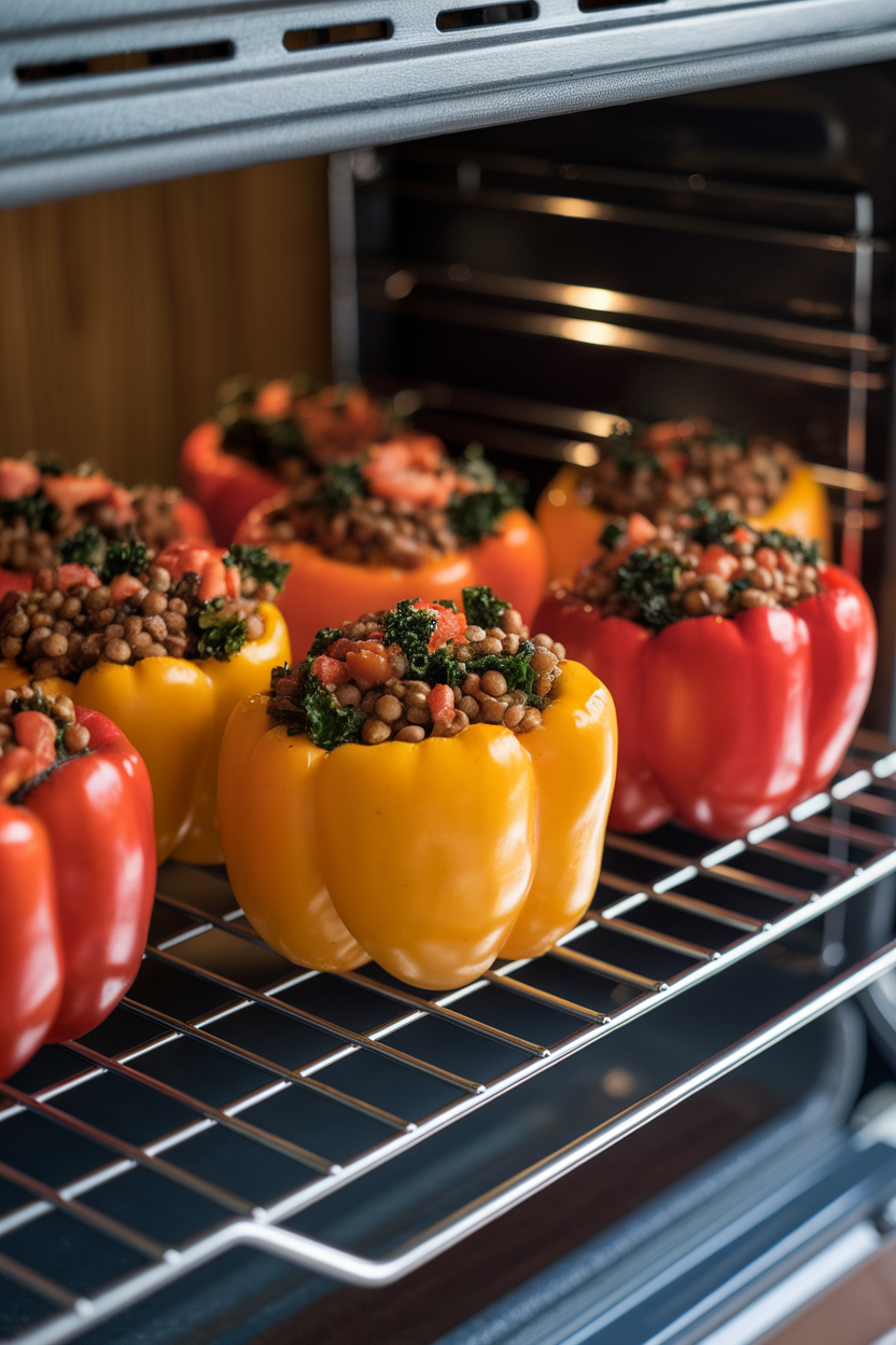An indoor oven rack holding colorful bell peppers stuffed with a lentil, kale, and tomato mixture, tops lightly browned. No text or logos in the shot.