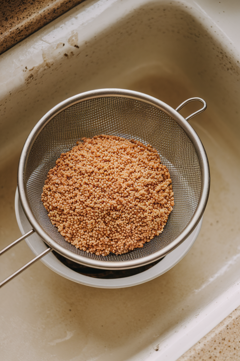 Indoor sink scene of a fine-mesh strainer rinsing quinoa, no logos visible.