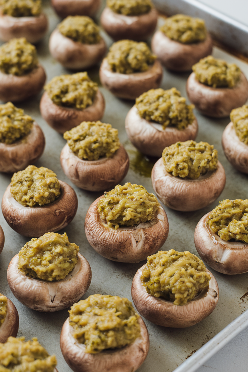 Indoor photo of bite-size cremini mushrooms stuffed with pesto-infused ground turkey, arranged on a baking sheet, no text or logos.
