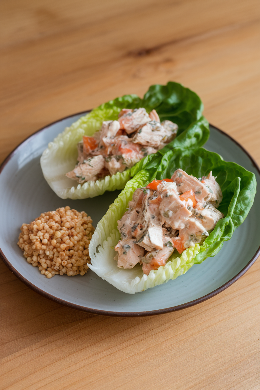 Indoor photo showing romaine lettuce cups filled with chicken salad bound with yogurt, next to a small scoop of cooked millet on a plate. No text or logos.
