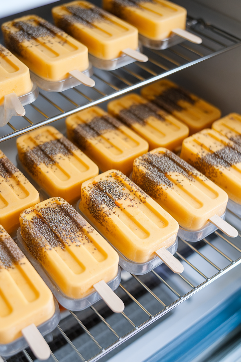 Indoor freezer shelf view of homemade mango chia seed popsicles in molds; no text or logos, photo style.