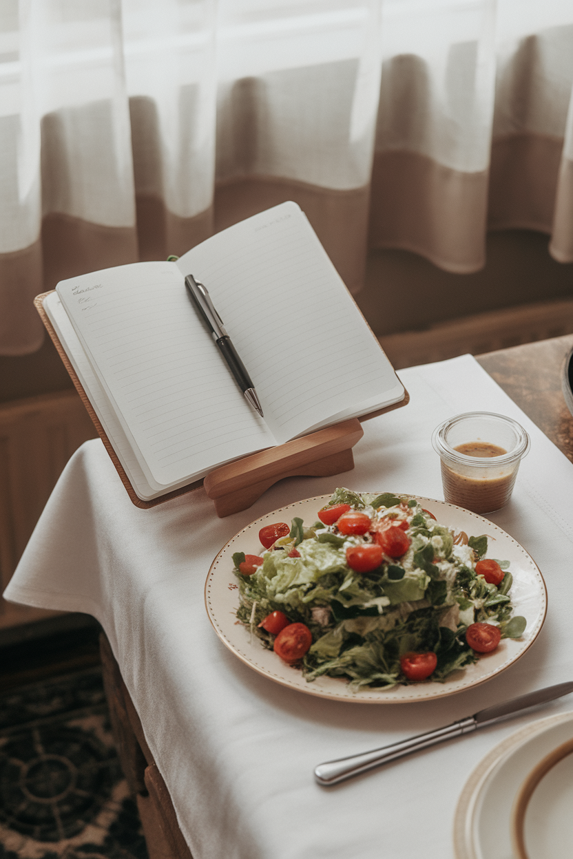 Indoor photo of an open notebook with a pen beside a plate of salad on a dining table; no text or logos.