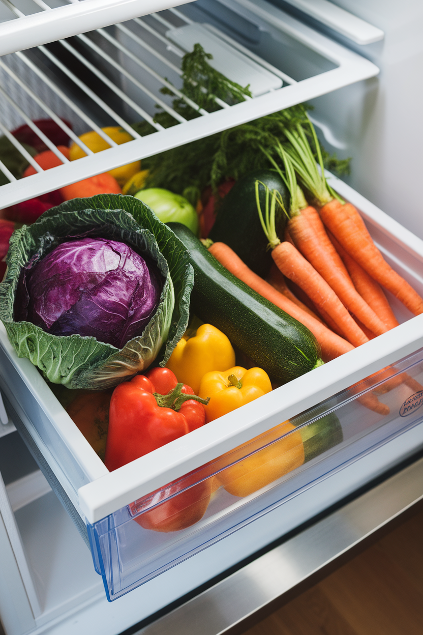 A fridge crisper drawer filled with rainbow-colored produce—purple cabbage, green zucchini, orange carrots—indoor lighting; no text or logos; photo