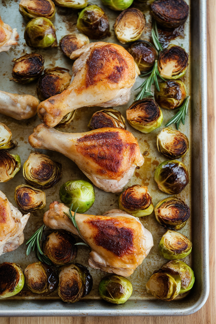 Indoor sheet pan filled with cooked chicken drumsticks and caramelized Brussels sprouts, rosemary sprigs scattered around. No text or logos anywhere.
