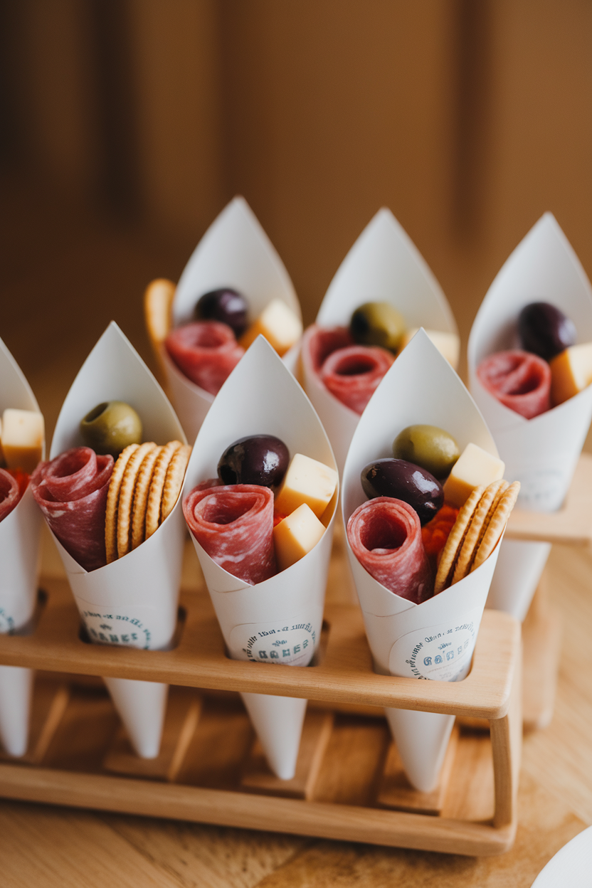 Indoor photo of individual paper cones filled with rolled salami, cheese cubes, olives, and crackers, standing upright in a wooden holder. No text or logos.