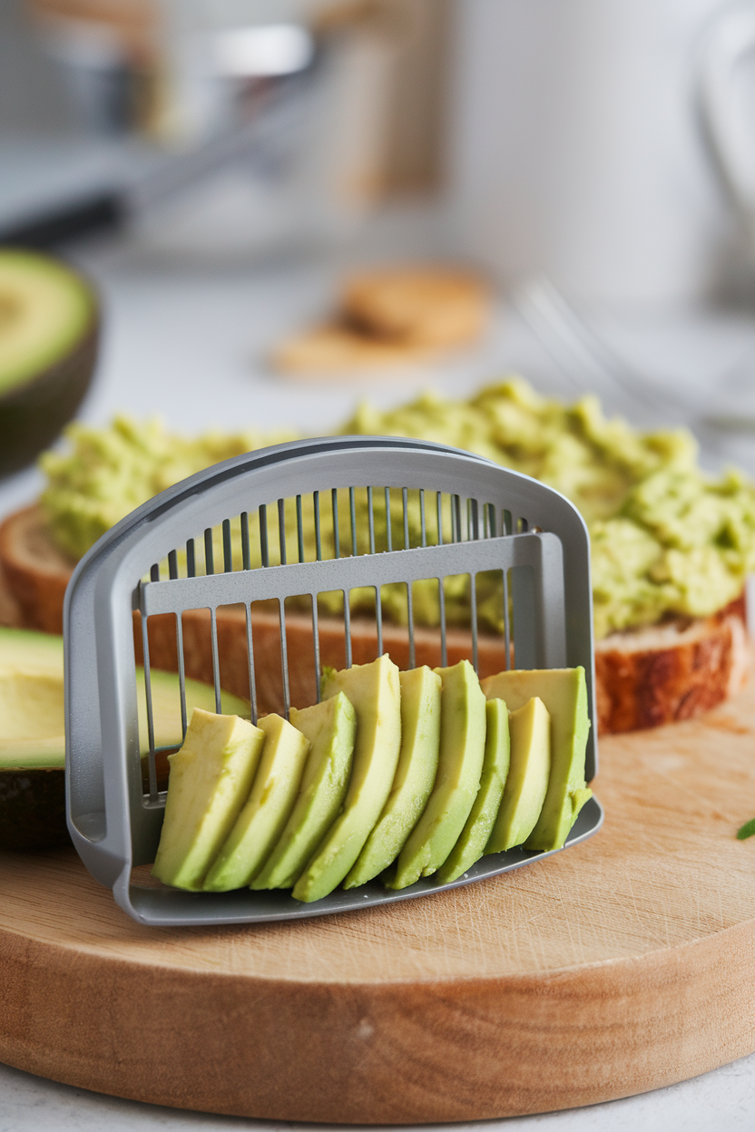 Indoor photo of an avocado slicer creating even wedges beside toast topped with mashed avocado, no logos.