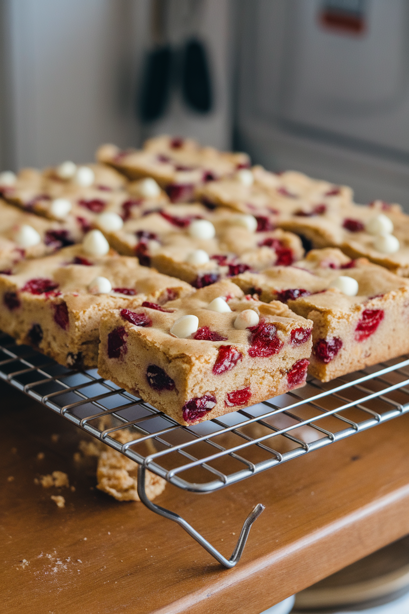 Indoor cooling rack with thick blondie squares studded with cranberries and white chocolate chunks. No text or logos. Photo only.