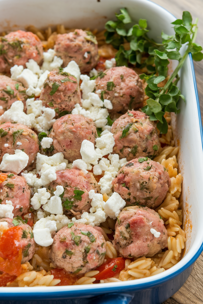 Photo of small lamb or turkey meatballs nestled in tomato-herb orzo, garnished with feta, indoor casserole. No text or logos.</Prompt