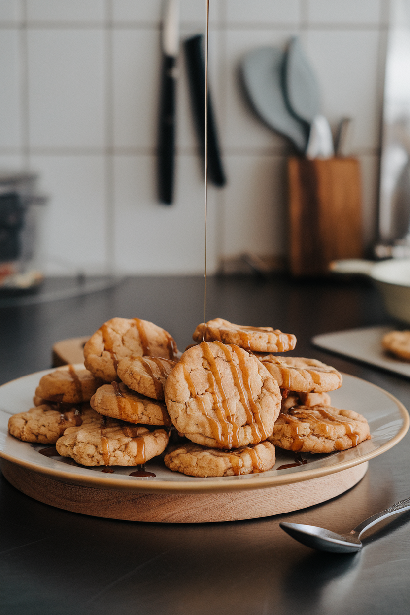 Photo prompt: Plate of cashew-butter cookies with maple drizzle inside a home kitchen, no text or logos.
