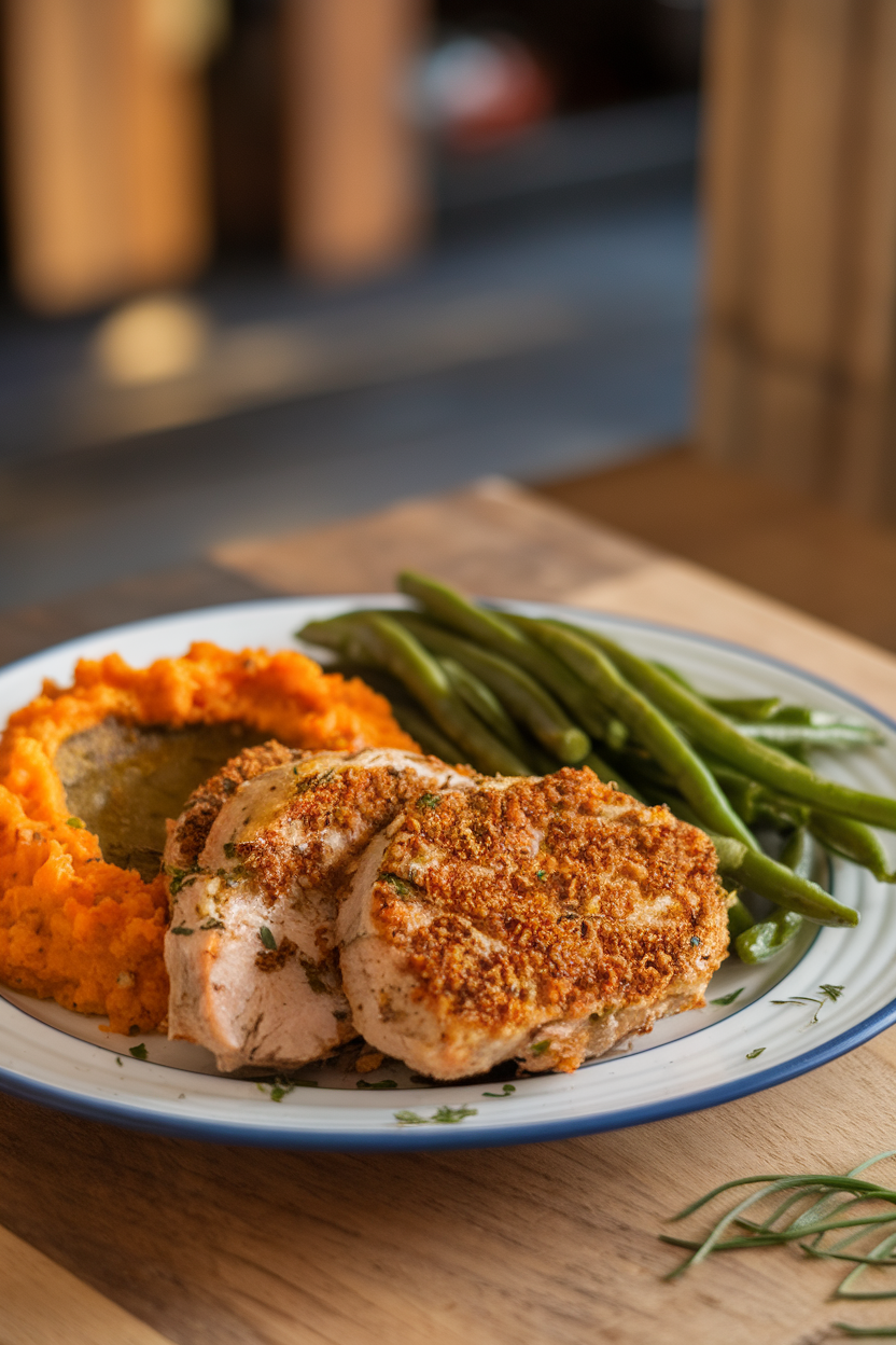 Indoor photo of turkey cutlets with Dijon herb crust, mash of sweet potato and quinoa, and steamed green beans on a plate. No text or logos.