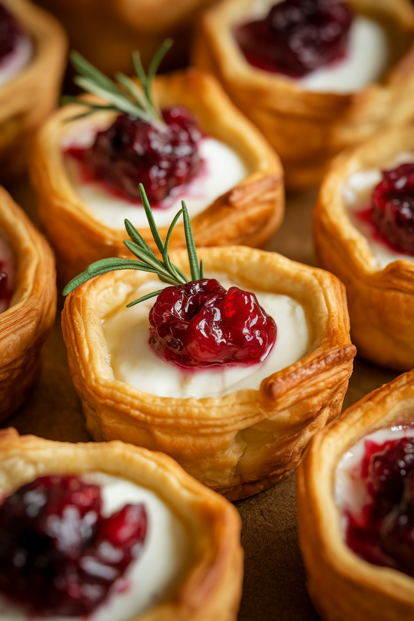 Indoor close-up photo of golden puff-pastry cups filled with melted brie and jewel-toned cranberry sauce, garnished with a tiny sprig of rosemary; warm ambient lighting, no text or logos visible