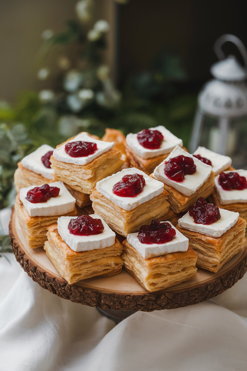 Soft indoor light on a wooden platter of flaky puff pastry squares oozing brie and ruby cranberry sauce. No text or logos. Photo.