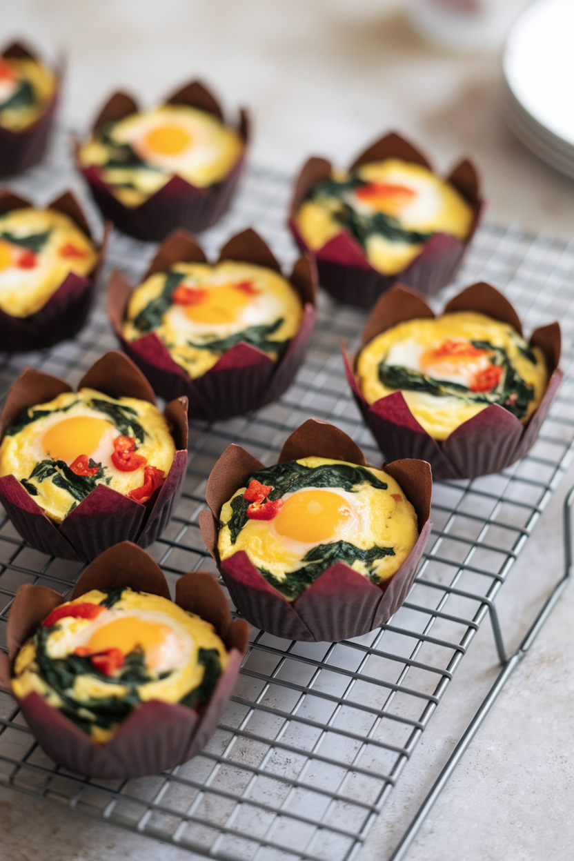 Indoor photo of silicon-liner egg muffins dotted with spinach and red pepper on a cooling rack; no text or logos
