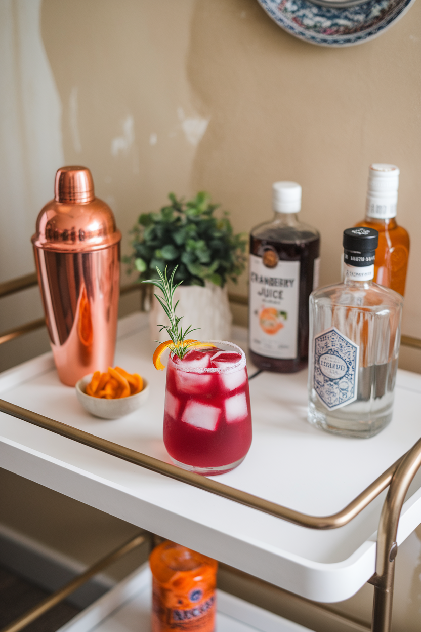 An indoor bar cart with a stemless glass of deep red cranberry mocktail, ice cubes, orange twist, and fresh rosemary sprig. This should be a photo, not an illustration. No text or logos anywhere in the scene.
