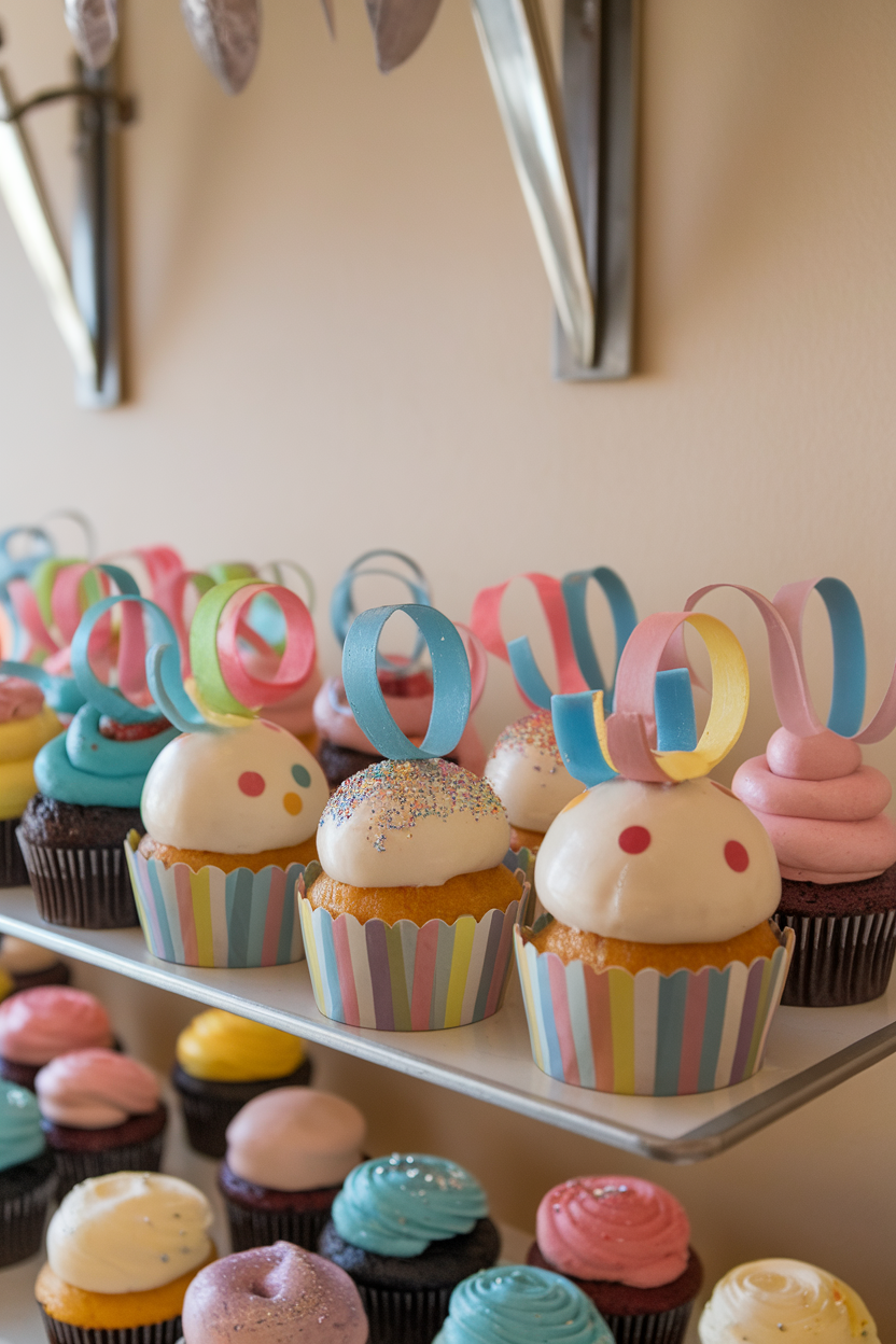 Photo of indoor bakery shelf holding cupcakes with multicolored candy ribbon curls perched atop smooth buttercream domes, no text or logos.