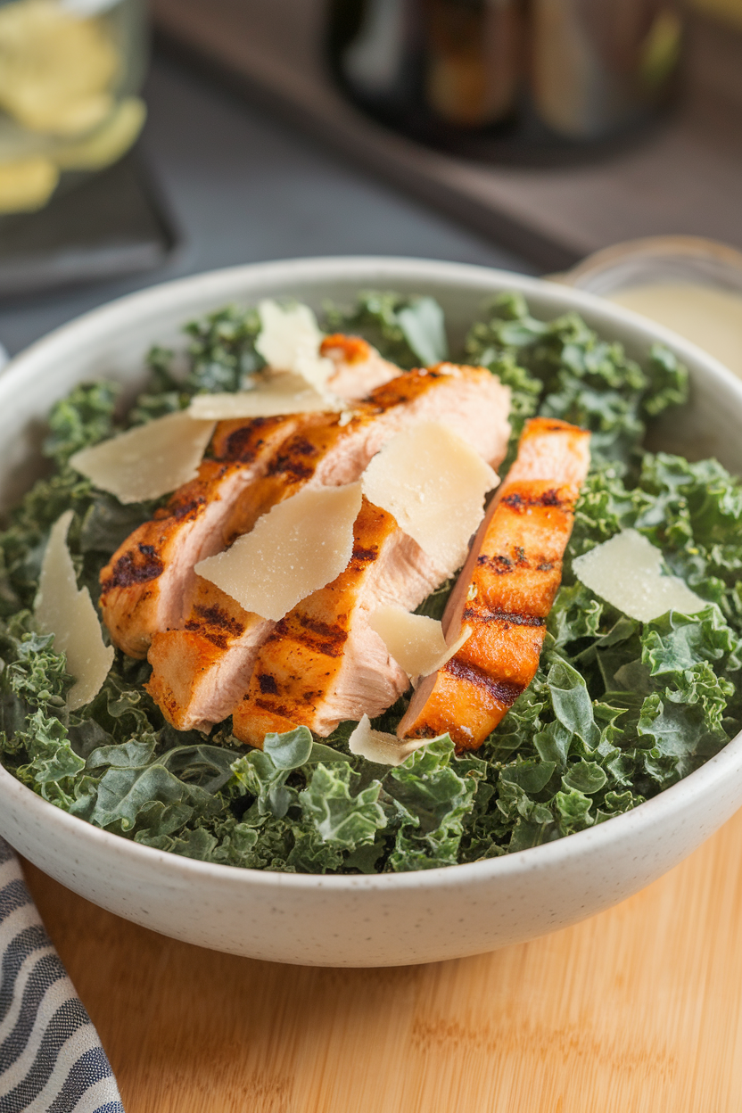 Indoor bowl of chopped kale massaged with Caesar dressing, topped with grilled chicken strips and shaved Parmesan. No text or logos. Photo, not illustration.