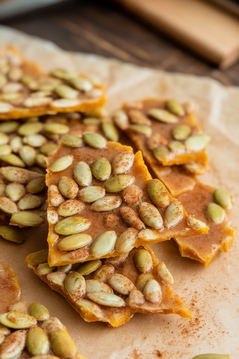 Close-up indoor photo of broken shards of pumpkin seed brittle on parchment paper, glistening with a light maple glaze and dusted with cinnamon. No text or logos in frame.